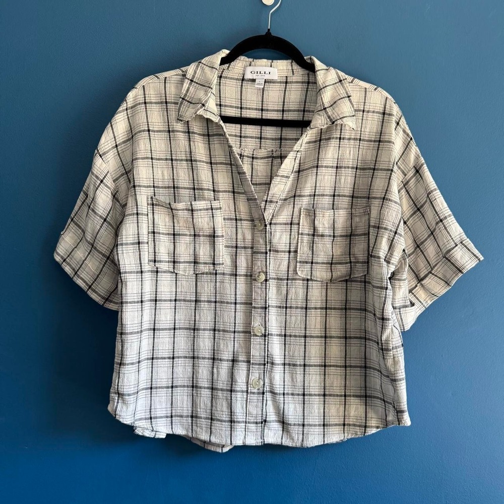 Gilli White Check Button Up Women's Size Large Western Country Short Sleeve